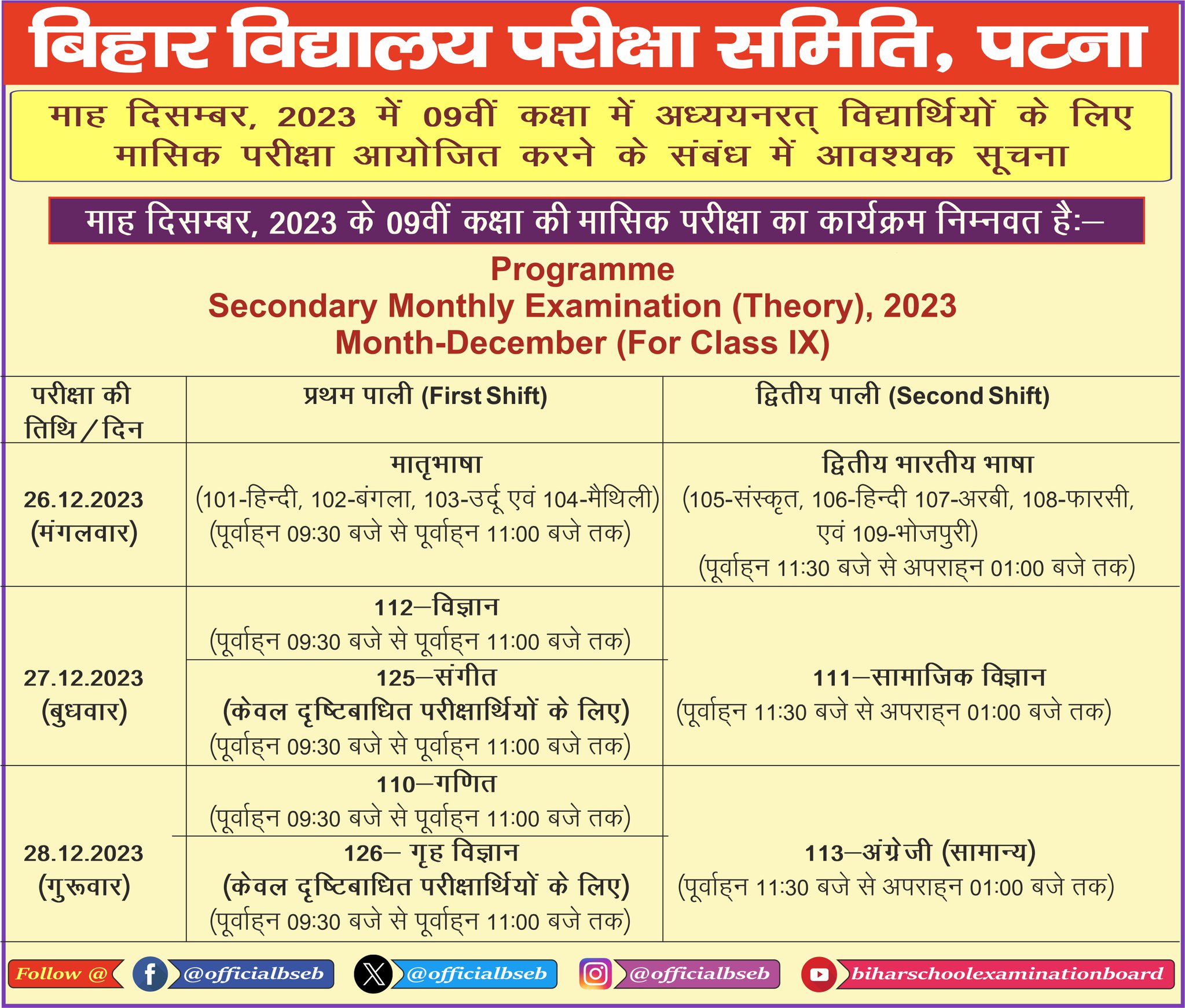 Bihar board class 9th Hindi December 